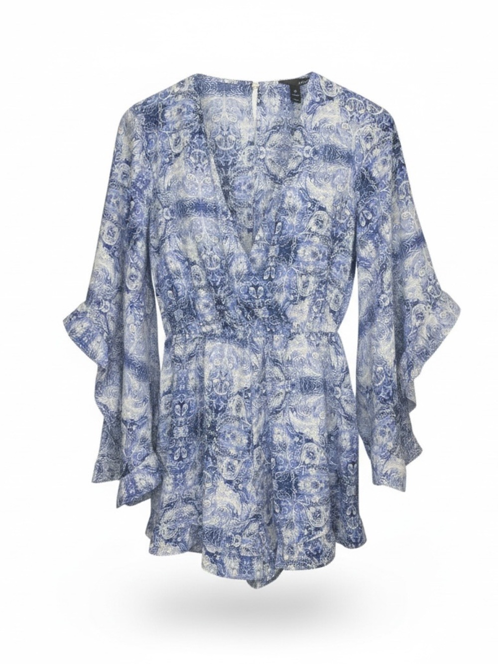 Aqua Blue and White Paisley V-Neck Ruffle Sleeve Romper